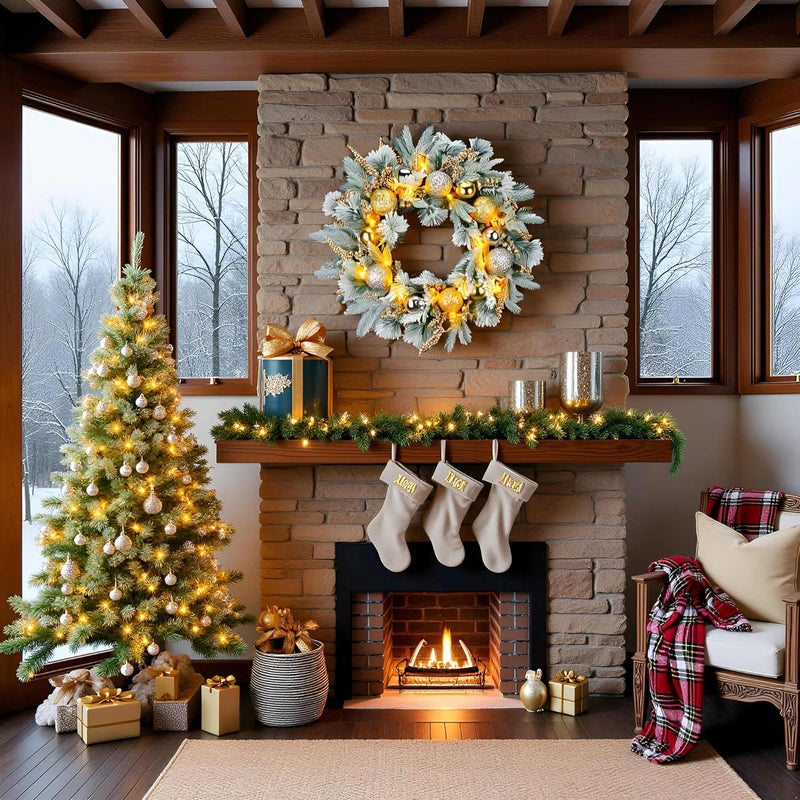 YULETIME 24" Christmas Wreath, Artificial Holiday Wreath with Baubles, Berries, Leaves, Spruce Branches, Snowy Pine Needles (Gold Bauble) - Image 2